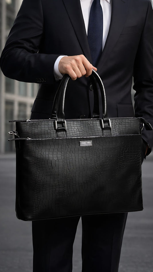Man in a suit holding a black leather briefcase with blurred background